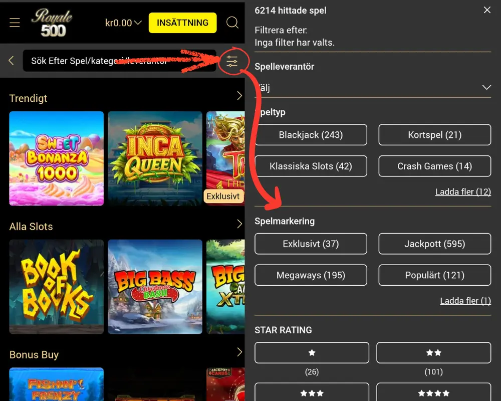 Sökfiltret hos Royale500