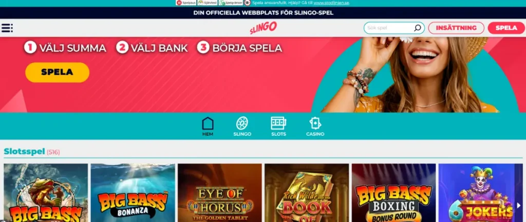 Förstasidan hos Slingo Casino.