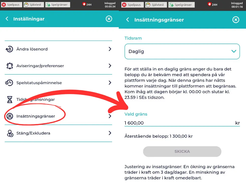 Insättningsgränser hos Slingo Casino.