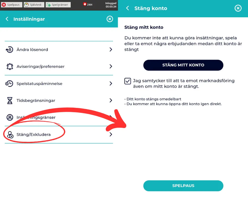 Slingo Casino: stänga konto och exkludering.
