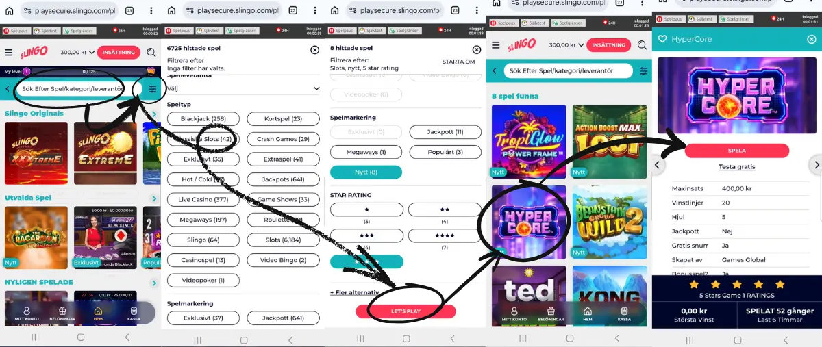 Här använder vi sökfiltret hos Slingo Casino och testar demoversionen av Hyper Core hos Slingo Casino.