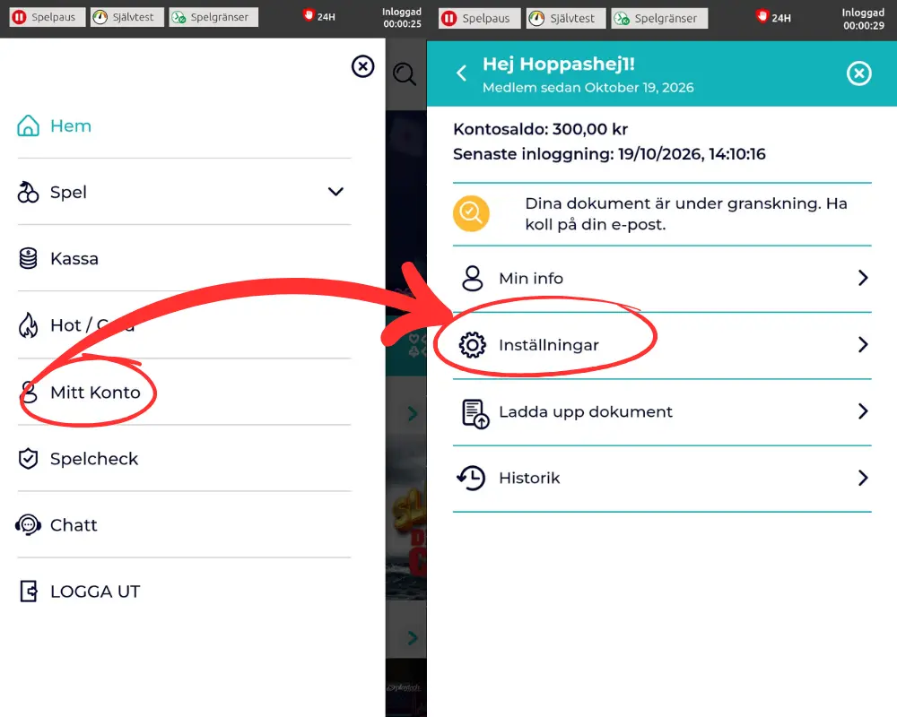 Inställningar för ansvarsfullt spelande hos Slingo Casino: öppna menyn och gå till "Inställningar".