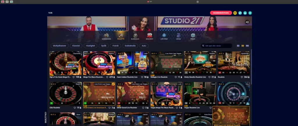 Playtechs livespelslobby hos Slingo Casino.