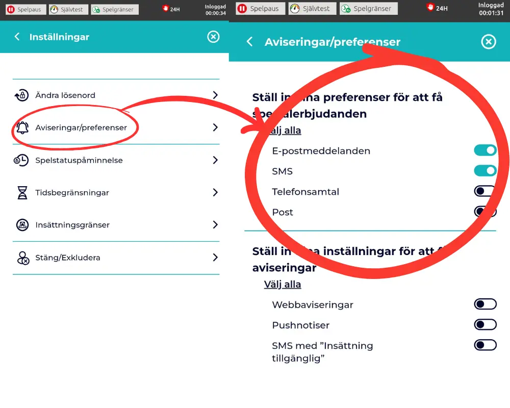 Inställningar för aviseringar hos Slingo Casino.