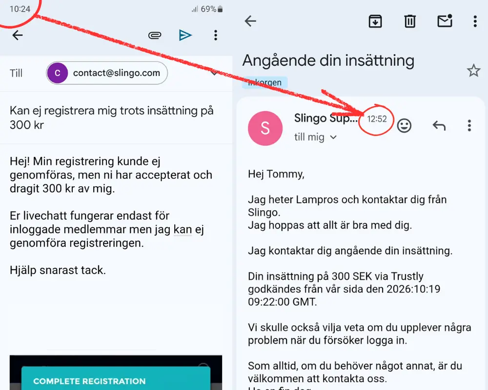 Ett test av Slingo Casinos kundtjänst via e-post (2026).