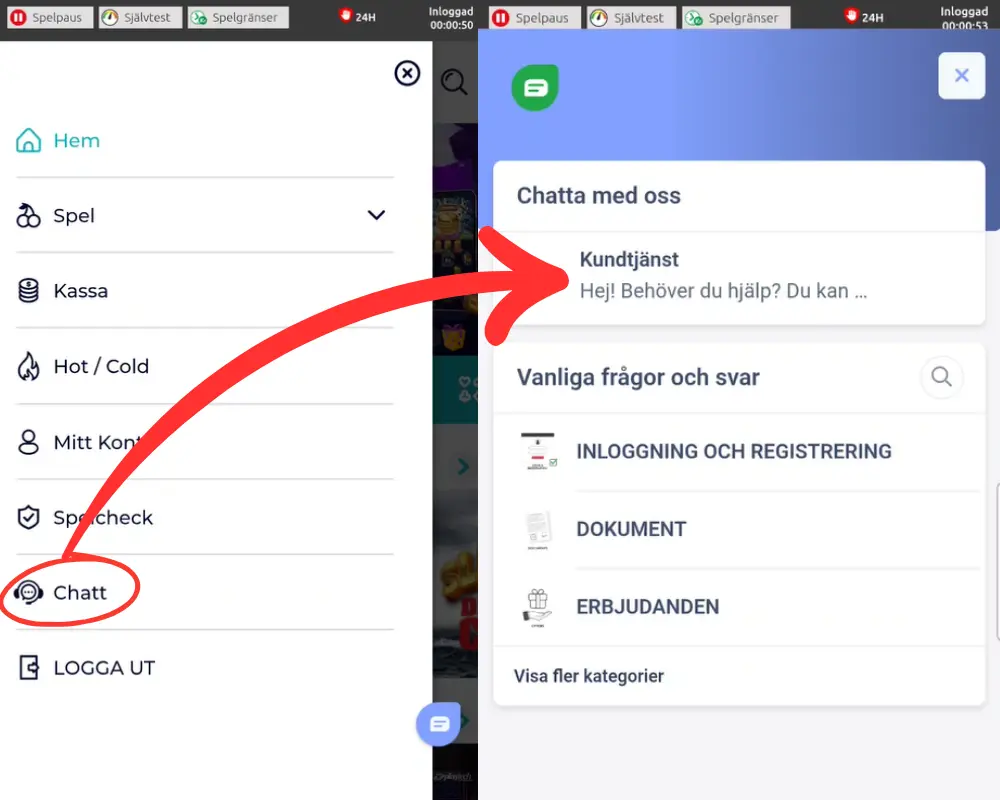 Vart du hittar livechatten hos Slingo Casino.