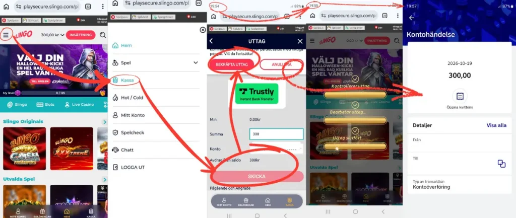 Ett uttagstest från Slingo Casino via Trustly (2026).