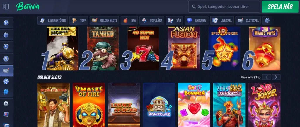 Förstasidan i Betinias casino.