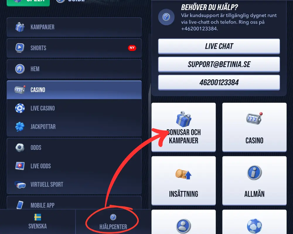 Vart du hittar Betinias hjälpcenter, med livechatt och FAQ