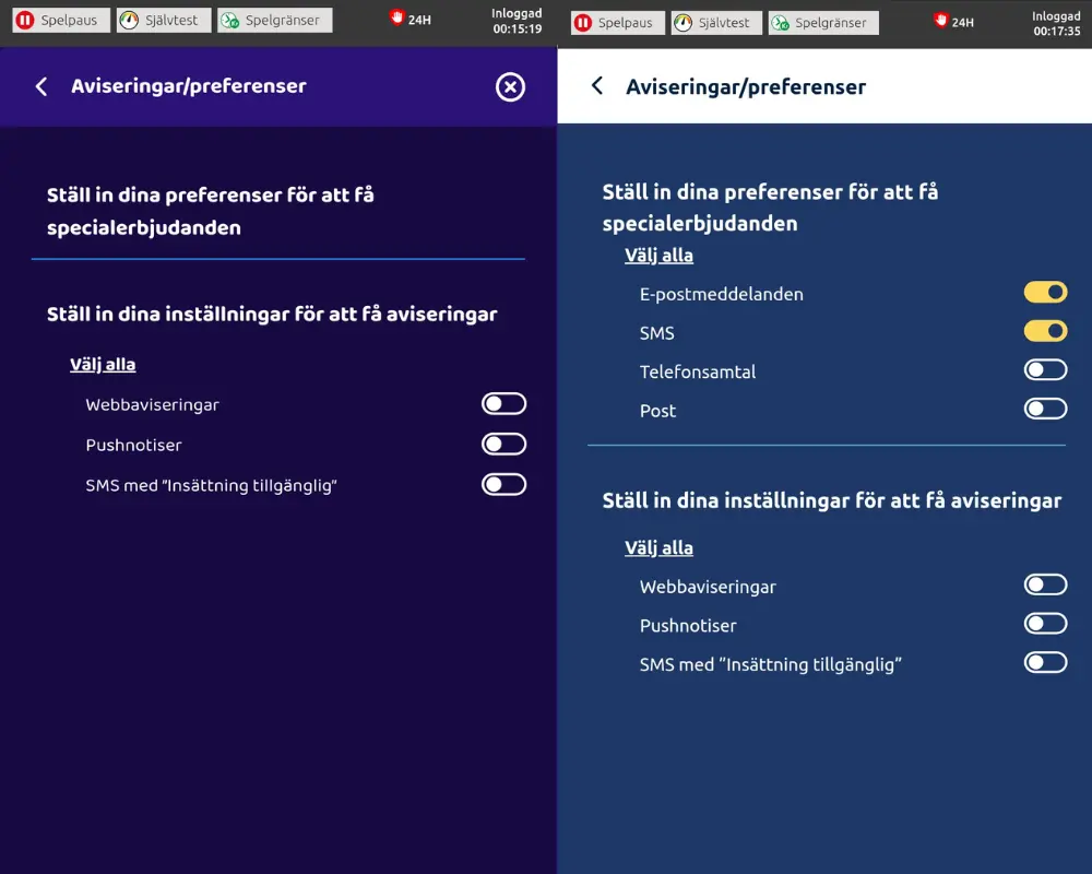 Inställningar för meddelanden och reklam hos Slotstars.