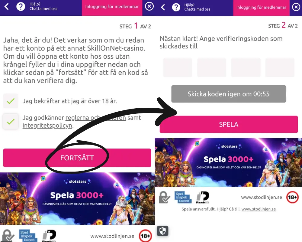 Snabbregistrering hos Slotstars