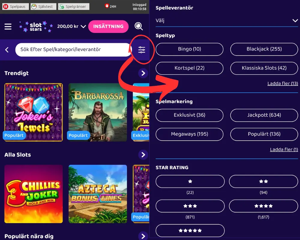 Hur du hittar sökfiltret hos Slotstars.