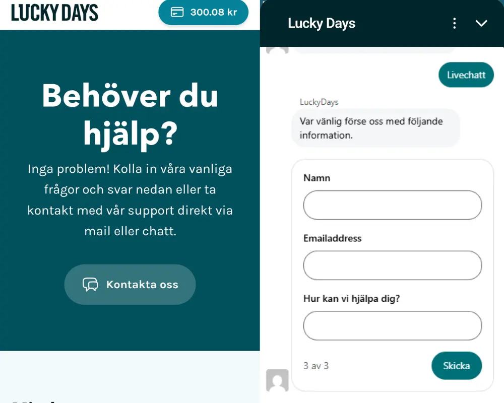 Hjälpcenter och livechatt hos Lucky Days.