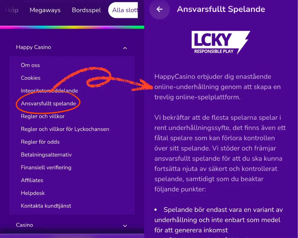 Information om ansvarsfullt spelande hos Happy Casino.