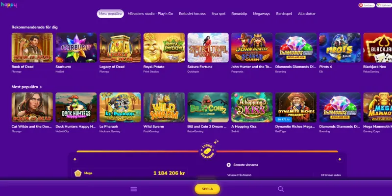 Förstasidan hos Happy Casino och casinolobbyn