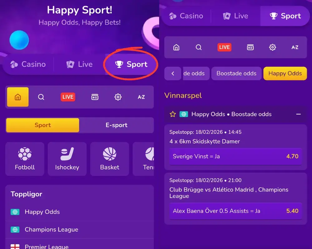 Happy Casinos sportsbook och vart man hittar den.