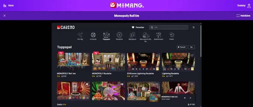 Evolutions lobby hos Momang Casino.