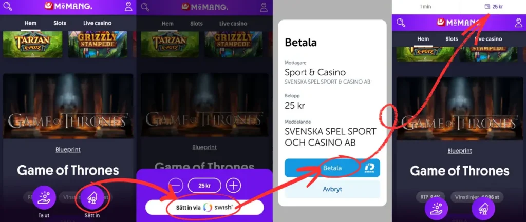 Hur du gör en insättning via Swish hos Momang Casino.