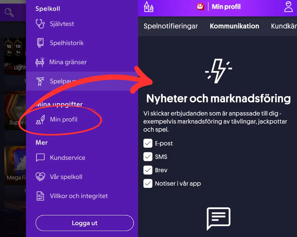 Inställningar för reklam och meddelanden från Momang Casino.