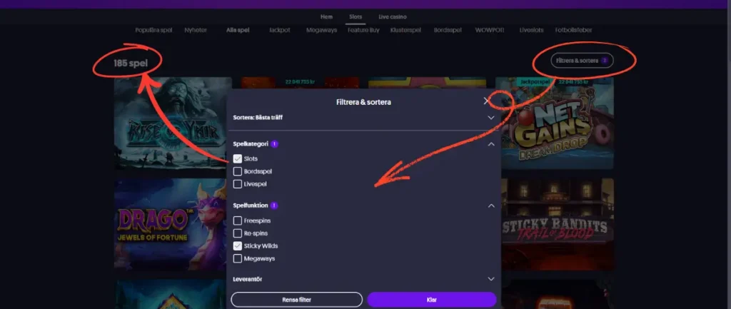 Sökfiltret hos Momang Casino.