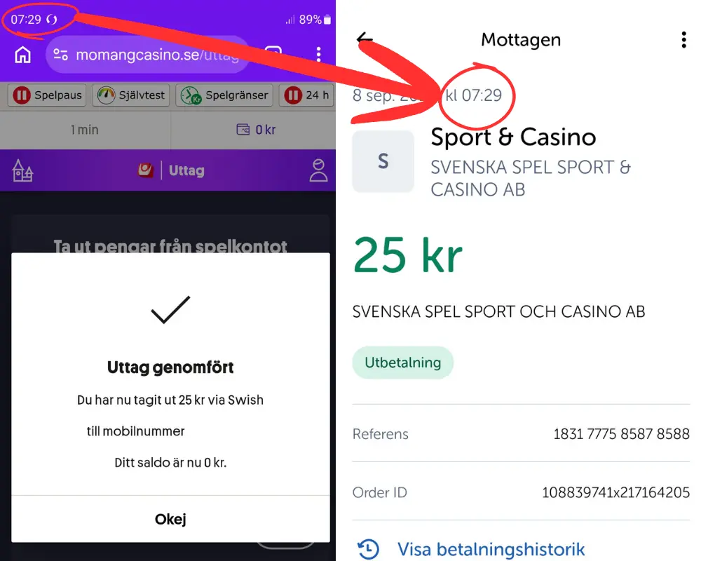 Ett uttagstest från 2026 där Momang betalade ut våra medel direkt.