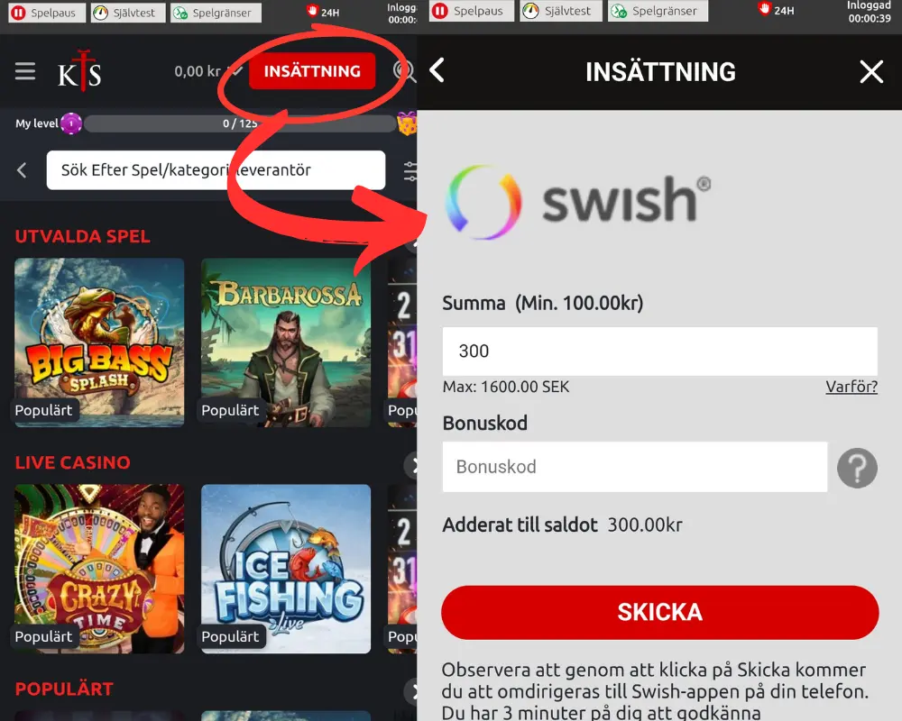 Insättning via Swish hos Knightslots