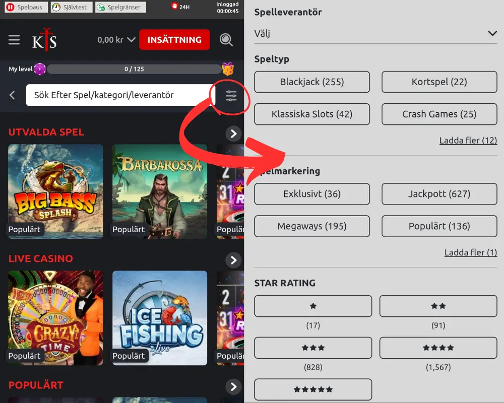 Sökfiltret hos Knightslots.