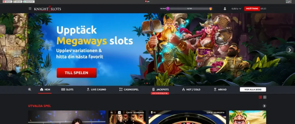 Förstasidan och casinolobbyn hos Knightslots.