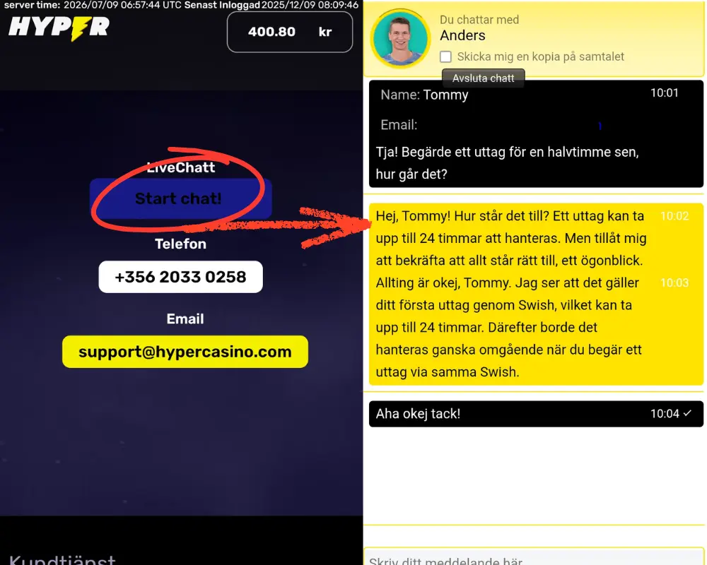 Livechatten hos Hyper Casino.