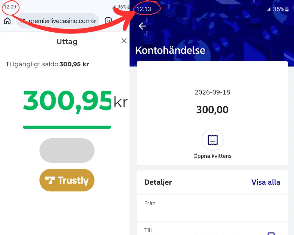 Ett av våra uttagstester hos Premier Live Casino via Trustly (2026).