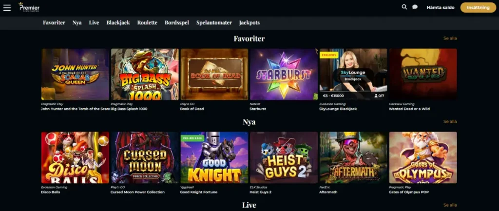 Förstasidan hos Premier Live Casino.