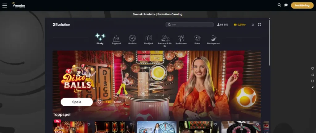 Evolutions livespelslobby hos Premier Live Casino.