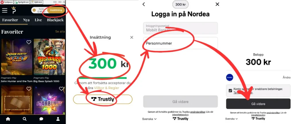 Här gör vi en insättning hos Premier Live Casino via Trustly (2026).
