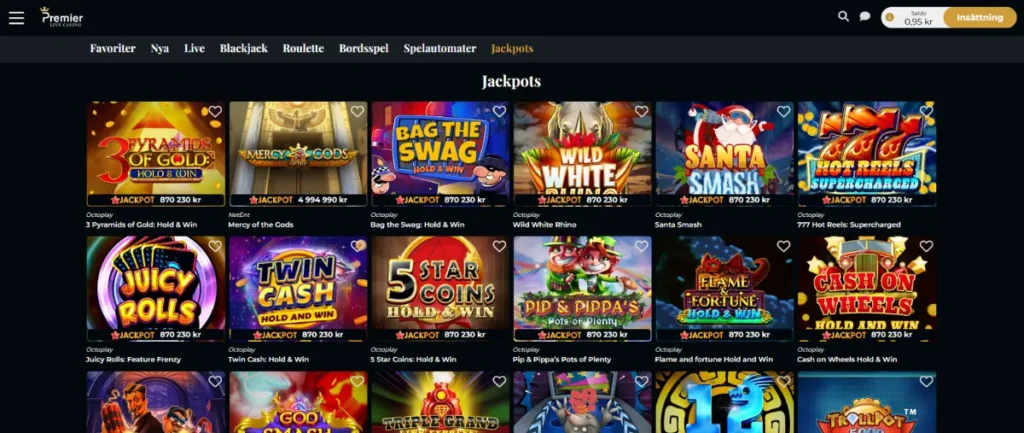 Alla jackpotspel hos Premier Live Casino.