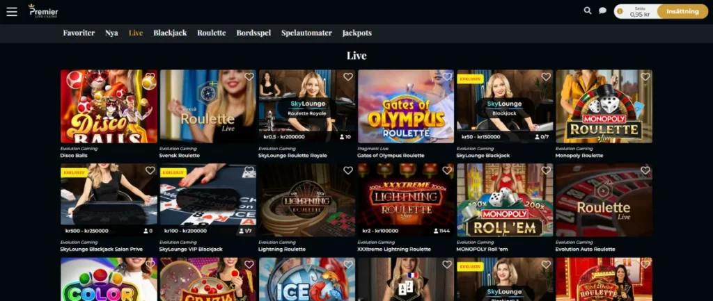 Live casinot hos Premier Live Casino.