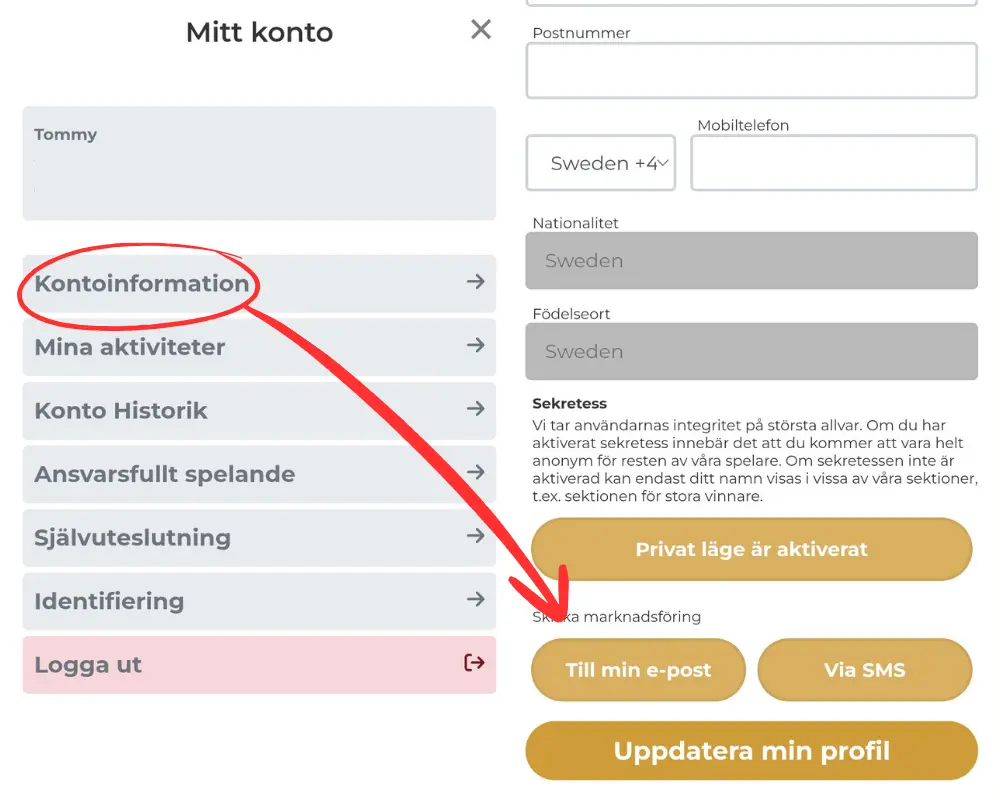 Inställningar för eklam hos Premier Live Casino.