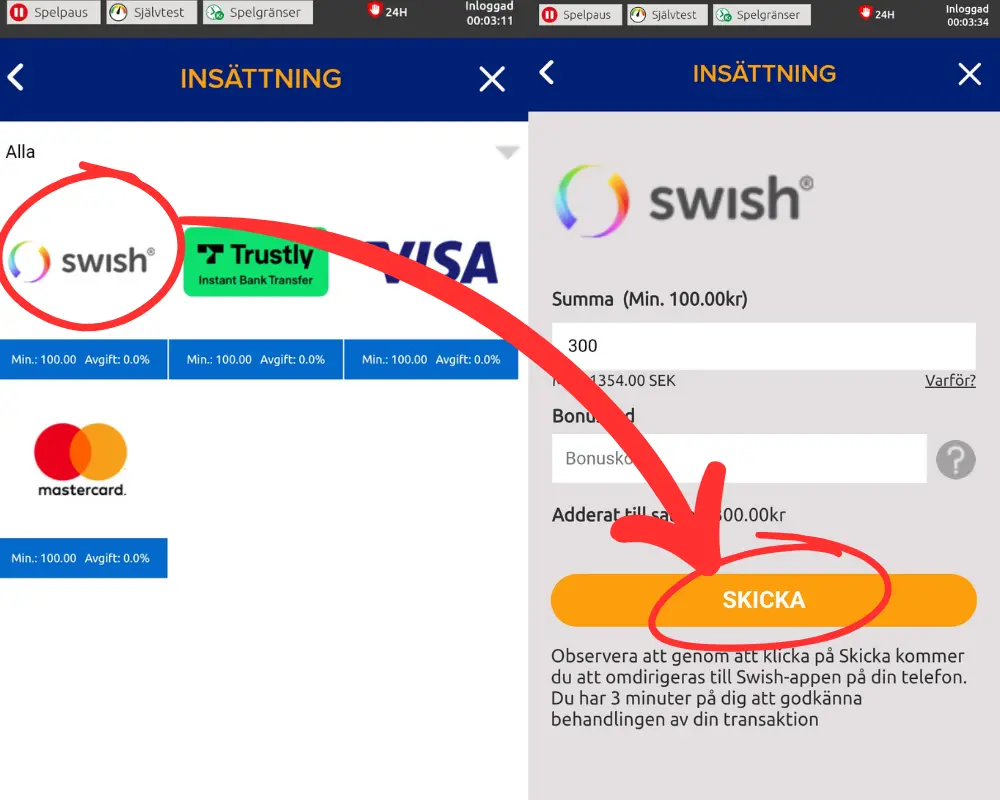Här väljer vi Swish hos Ahti Games Casino och gör en insättning.