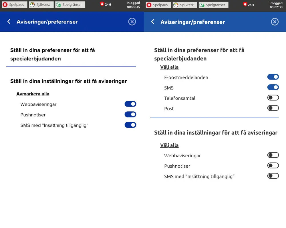 Till vänster ser vi Ahti Games och inställningar för aviseringar. Till höger ser vi samma sida för inställningar hos Lucky Louis.