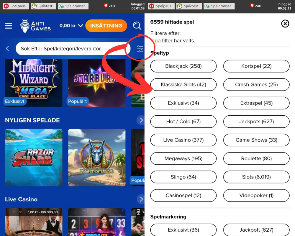 Sökfiltret hos Ahti Games.