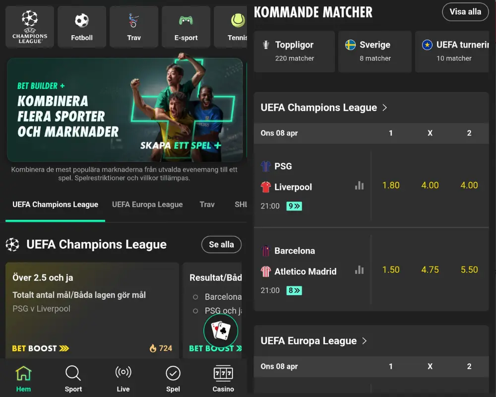 Bet365:s sportsbook och betbuilder.