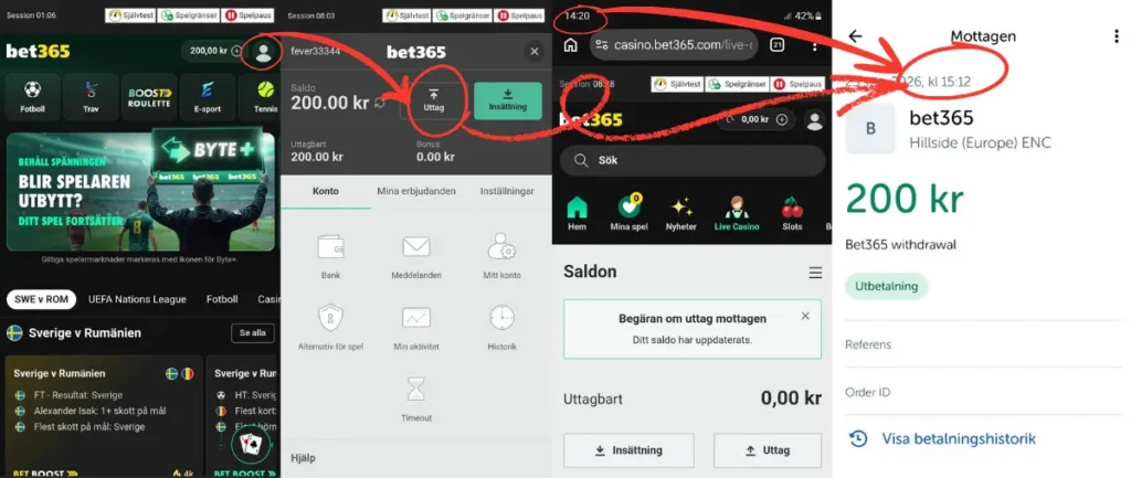 Här gör vi ett uttag från Bet365 via Swish (2026).