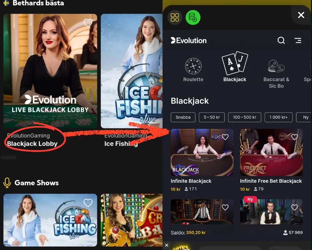 Hur du tar dig från Bethards live casino till Evolutions lobby.