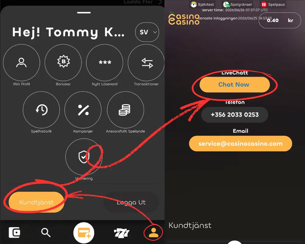 Kundtjänst och livechatt hos CasinoCasino