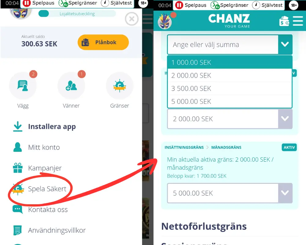 Du hittar ansvarsfullt spelande under "Spela Säkert" hos Chanz Casino.