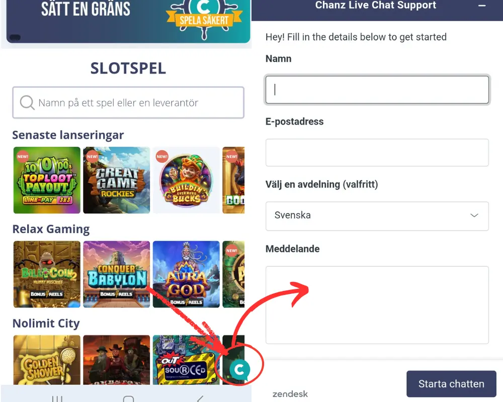 Kundtjänst hos Chanz Casino