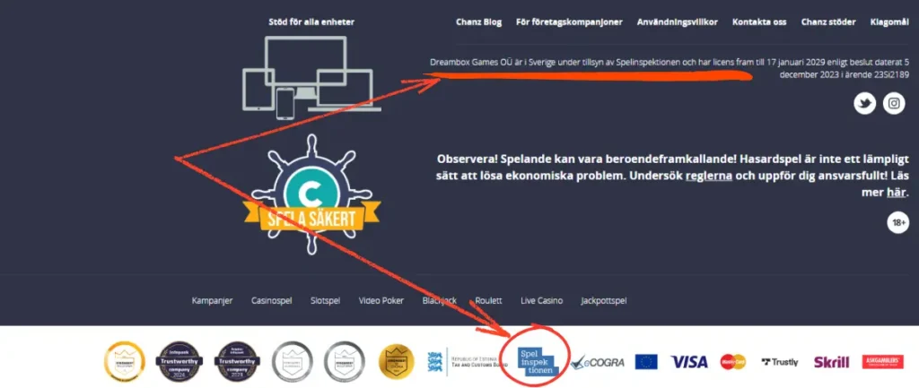Hur du ser om Chanz Casino har svensk licens och vad licensen heter.
