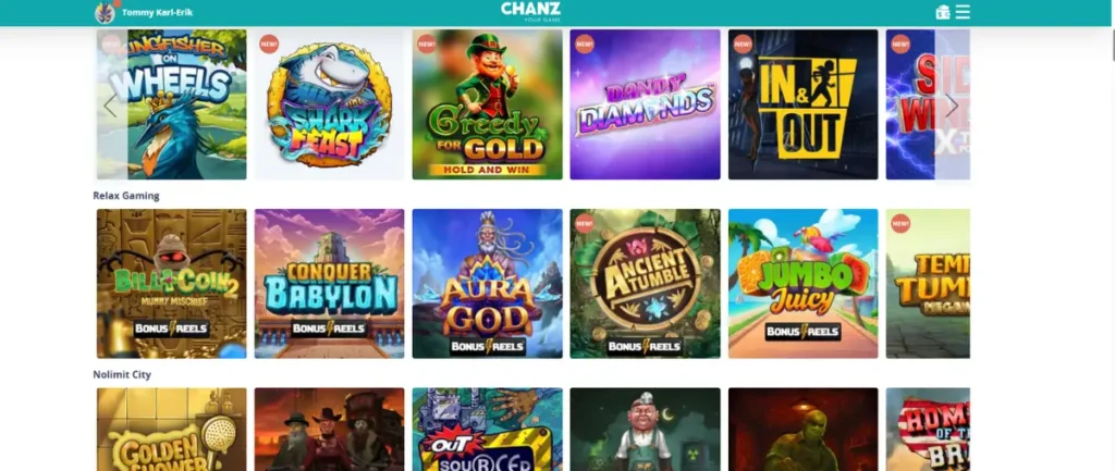 Casinot och förstasidan hos Chanz Casino.