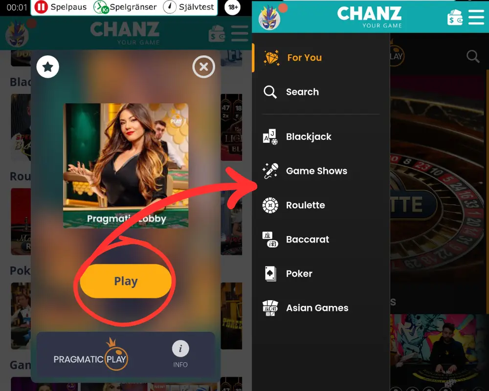 Hur du hittar Pragmatic Plays live lobby hos Chanz.