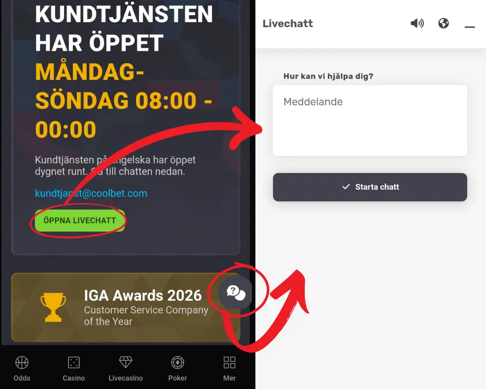Livechatt hos CoolBet