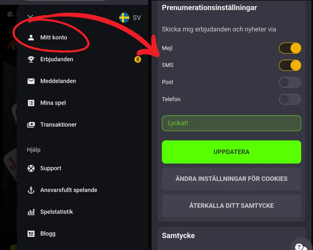 Inställningar för reklam och meddelanden från CoolBet.